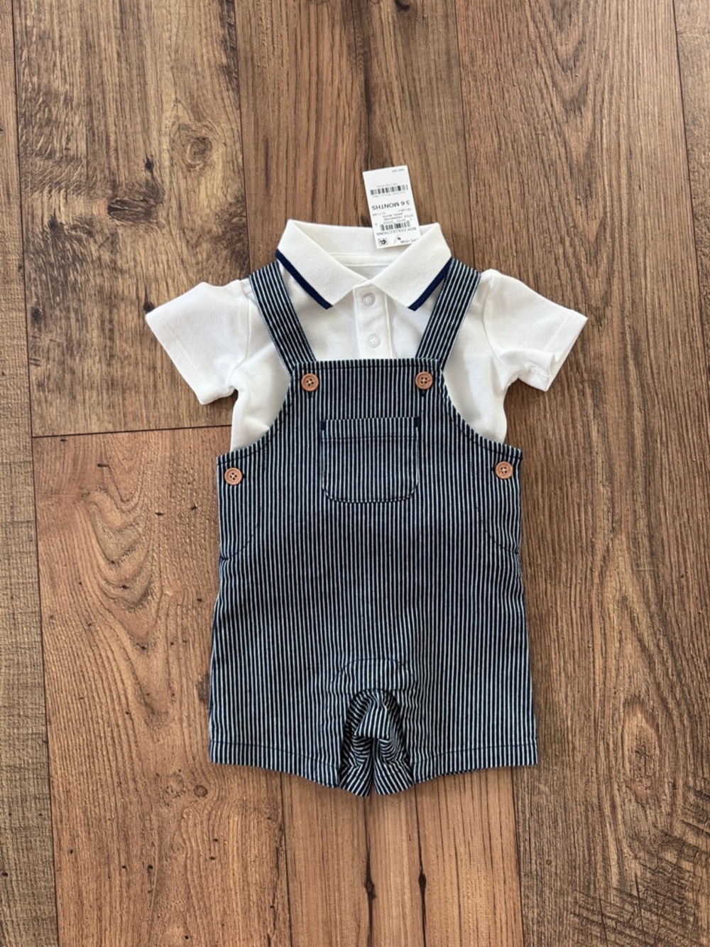 Baby Navy Stripe Overall Romper with White Polo